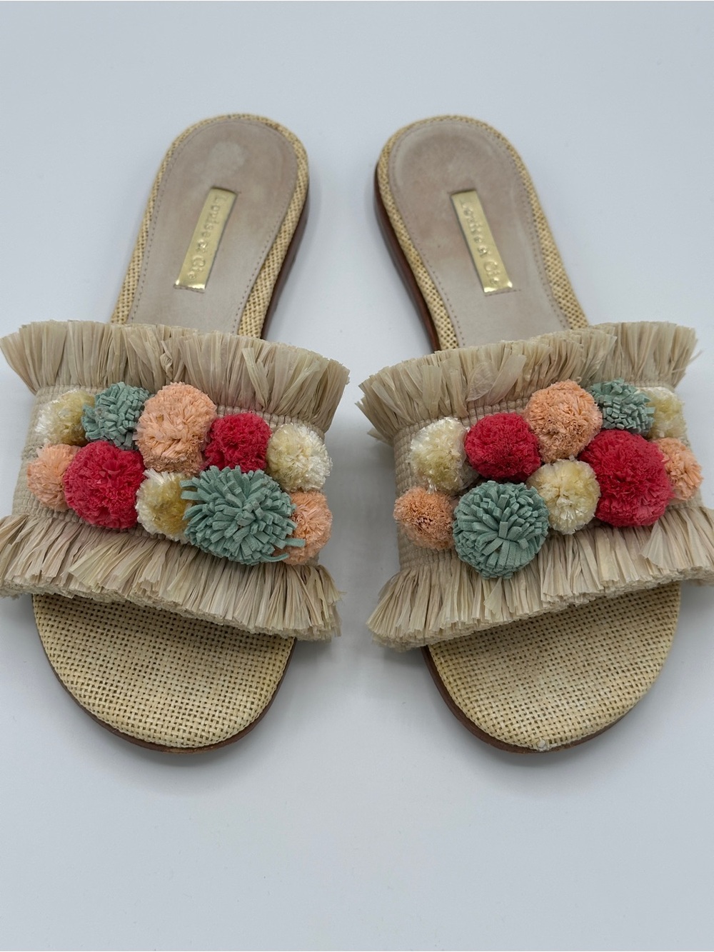 Louise et Cie Beige Raffia Pom-Pom Slide Sandals